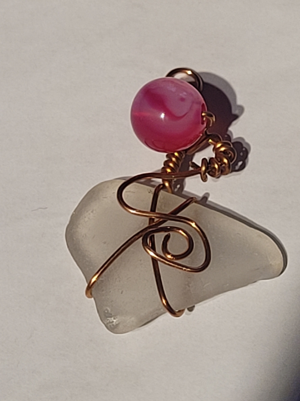 Handcrafted Red Stripped Agate & White Sea Glass Copper Wire Wrapped Pendant